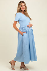 Light Blue Solid Maternity Maxi Dress