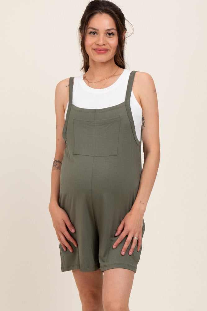 Green Olive Front Pocket Overall Knit Maternity Romper