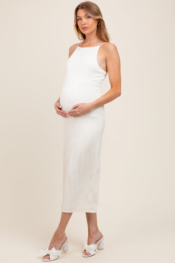 Ivory Textured Sleeveless Fitted Maternity Midi Dress