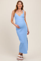 Light Blue Ribbed V-Neck Back Cutout Maternity Midi Dress