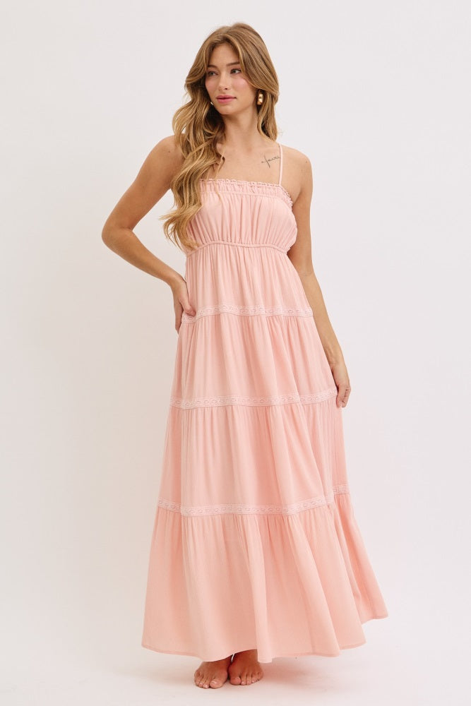 Light Pink Lace Tiered Sleeveless Maxi Dress