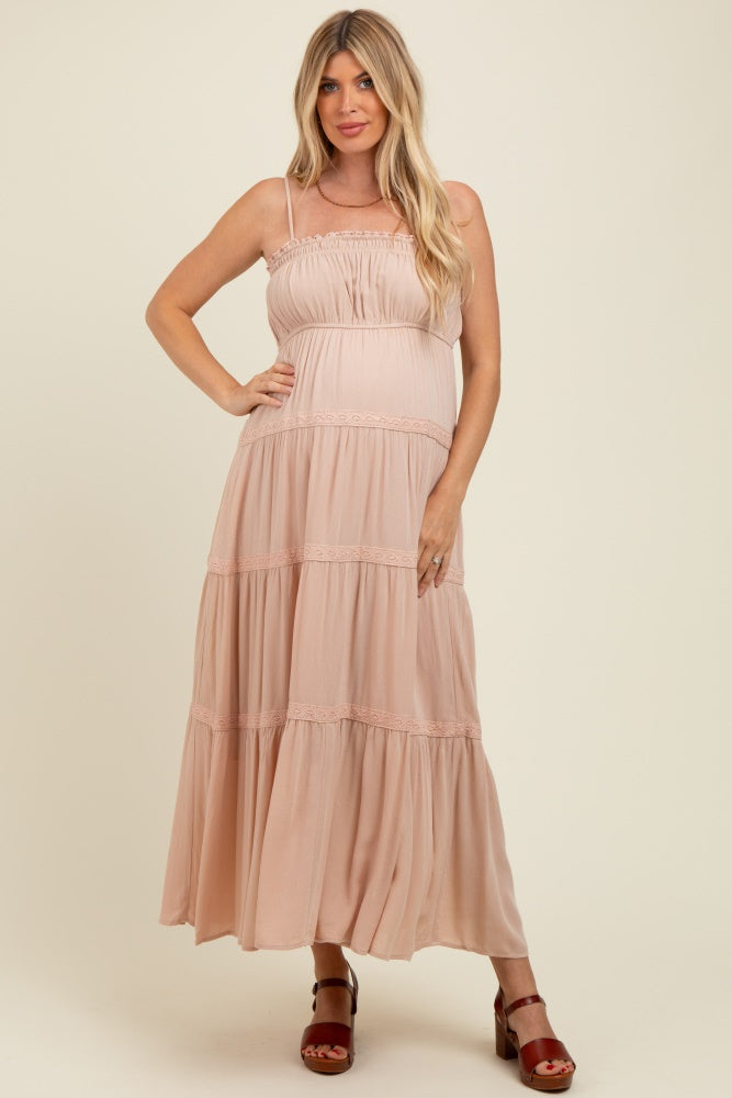 Cream Lace Tiered Sleeveless Maternity Maxi Dress