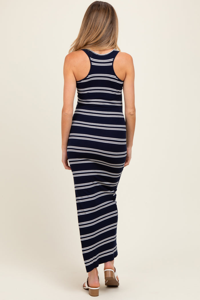 Navy Black Striped Side Slit Maternity Maxi Dress