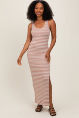 Beige Striped Side Slit Maternity Maxi Dress