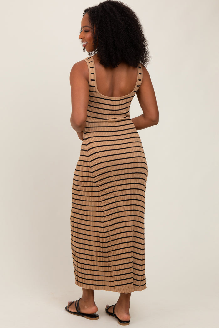 Camel Striped Ribbed Sleeveless Maxi Dress