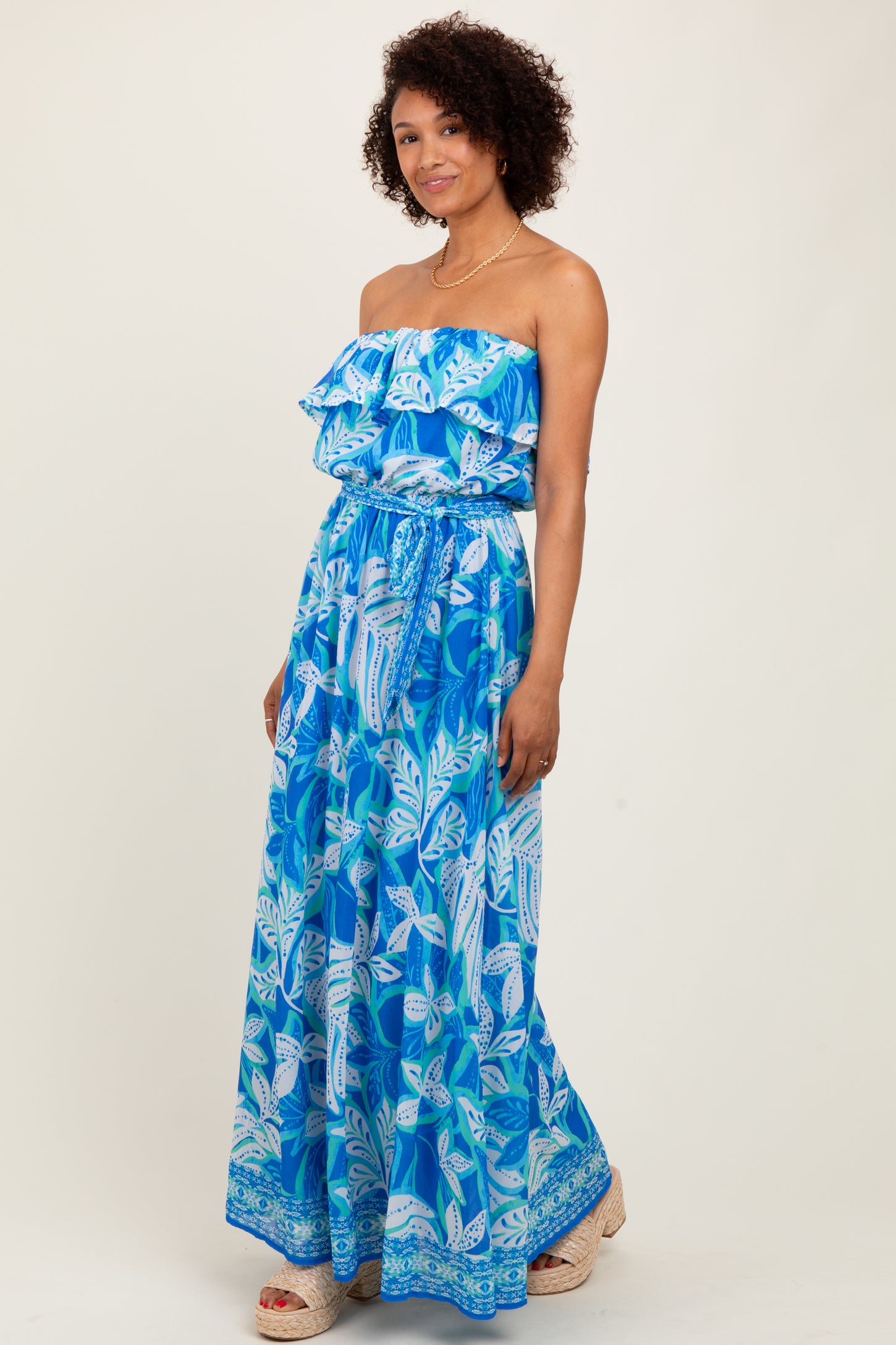 Blue Floral Chiffon Flounce Strapless Maxi Dress