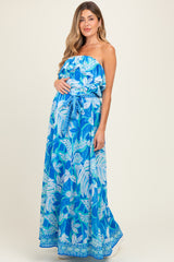 Blue Floral Chiffon Flounce Strapless Maternity Maxi Dress