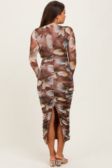 Brown Floral Mesh Overlay Ruched Maternity Midi Dress