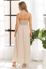 Beige Crochet Contrast Beaded Halter Neck Maxi Dress