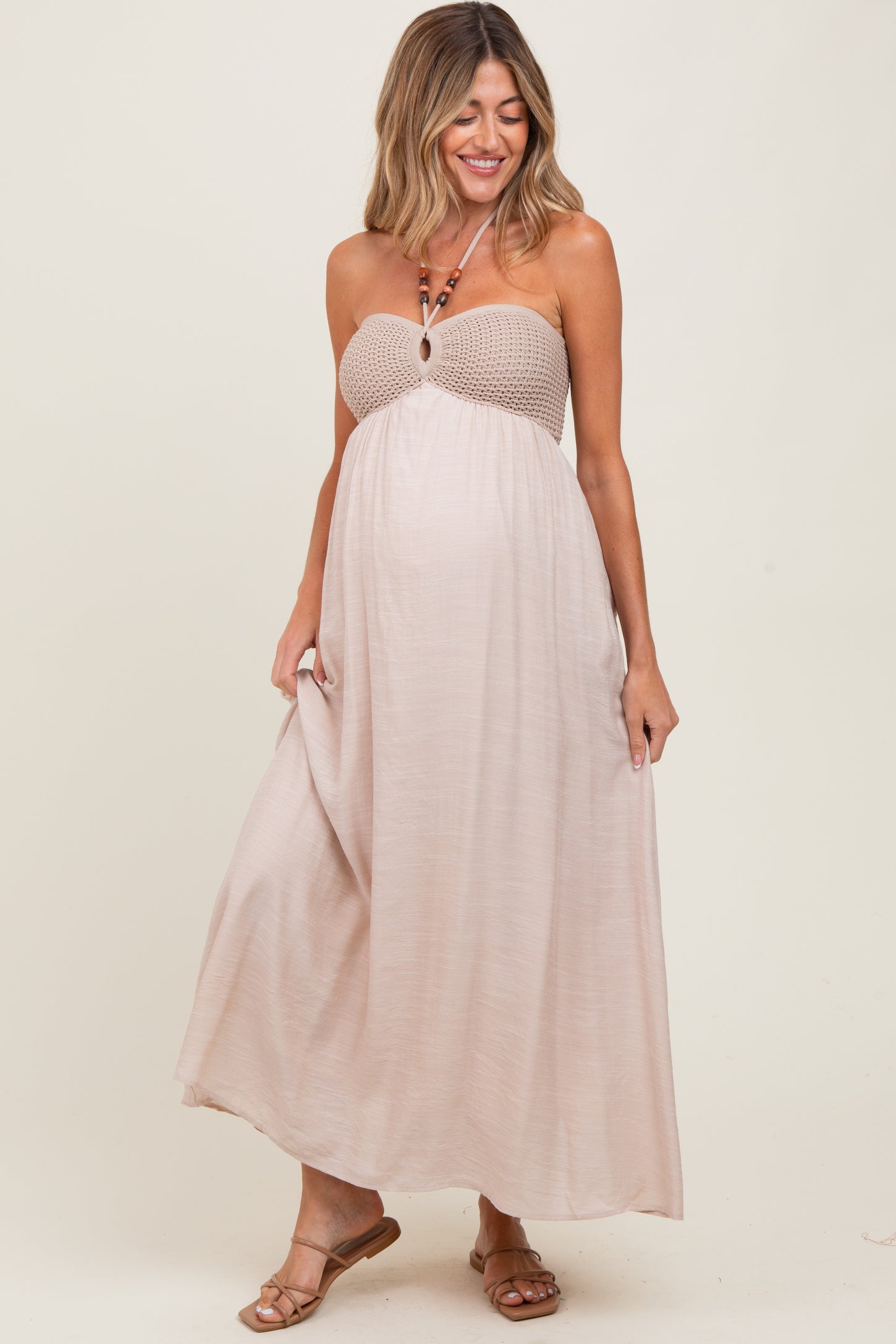 Beige Crochet Contrast Beaded Halter Neck Maternity Maxi Dress