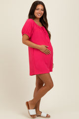 Fuchsia Button Up Front Tie Puff Sleeve Maternity Romper