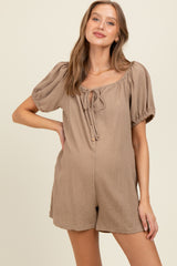 Mocha Button Up Front Tie Puff Sleeve Maternity Romper