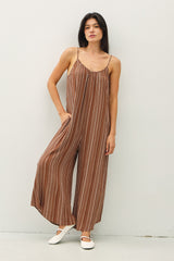 Brown Printed Sleeveless Wide Leg Jumpsuit