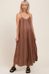 Brown Printed Sleeveless Wide Leg Maternity Jumpsuit