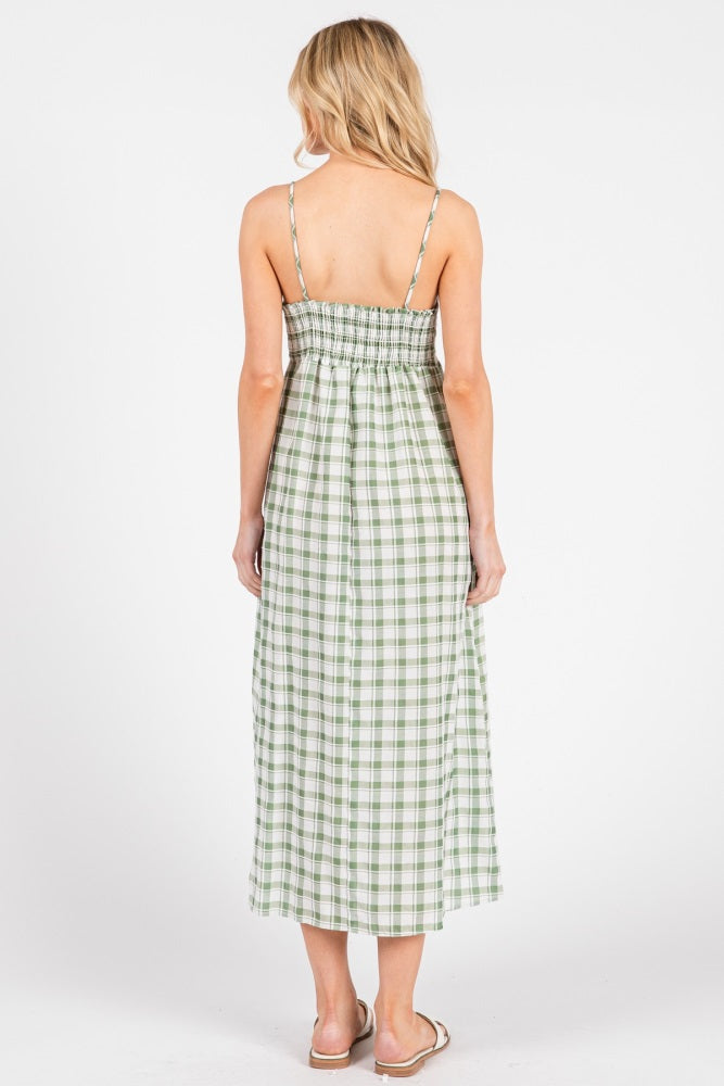 Green Checkered Plaid Front Tie Sleeveless Midi Dress