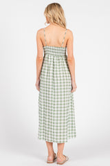 Green Checkered Plaid Front Tie Sleeveless Midi Dress