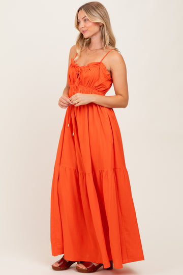 Orange Gathered Front Tie Maxi Dress