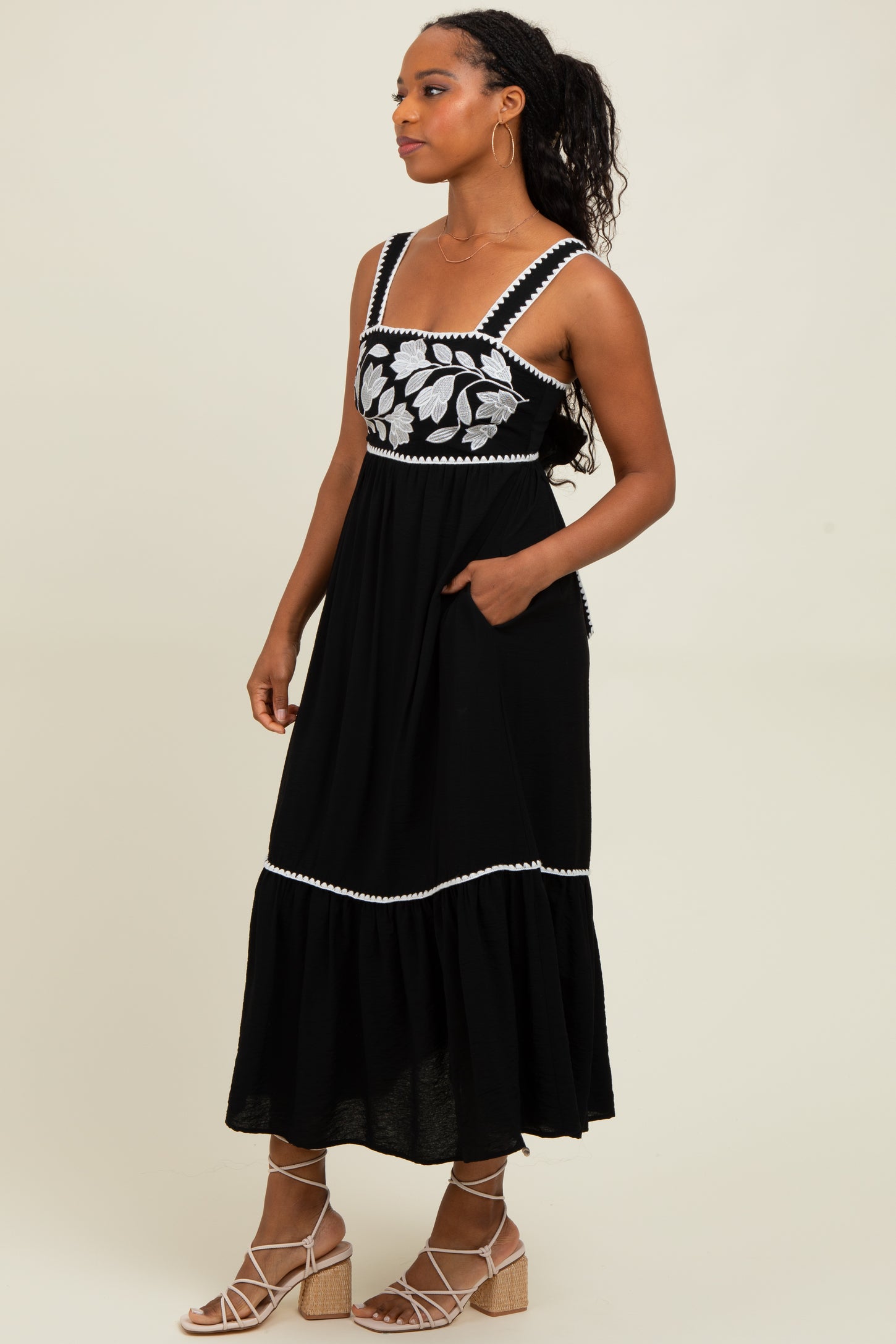 Black Floral Embroidered Cutout Tie Back Midi Dress