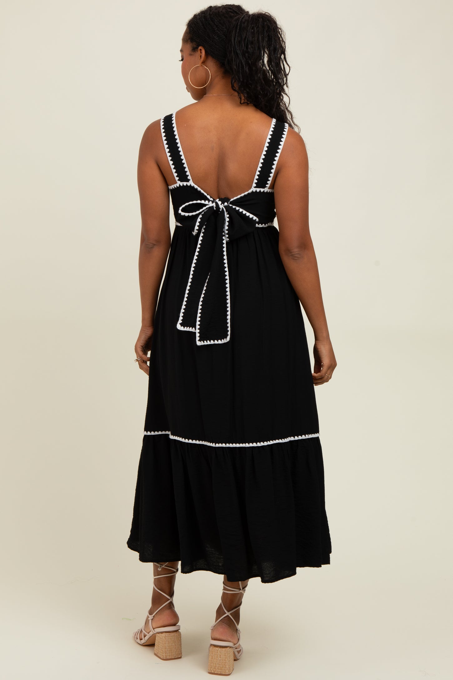 Black Floral Embroidered Cutout Tie Back Midi Dress