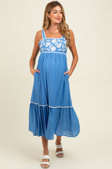 Blue Floral Embroidered Cutout Tie Back Maternity Midi Dress
