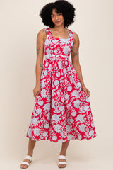 Red Floral Square Neck Sleeveless Midi Dress