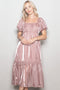 Pink Organza Puff Sleeve Midi Dress