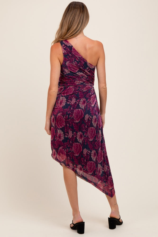 Magenta Floral One Shoulder Asymmetrical Maternity Midi Dress