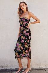 Black Floral Mesh Strapless Fitted Midi Dress