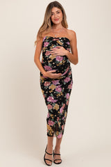 Black Floral Mesh Strapless Fitted Maternity Midi Dress