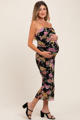 Black Floral Mesh Strapless Fitted Maternity Midi Dress