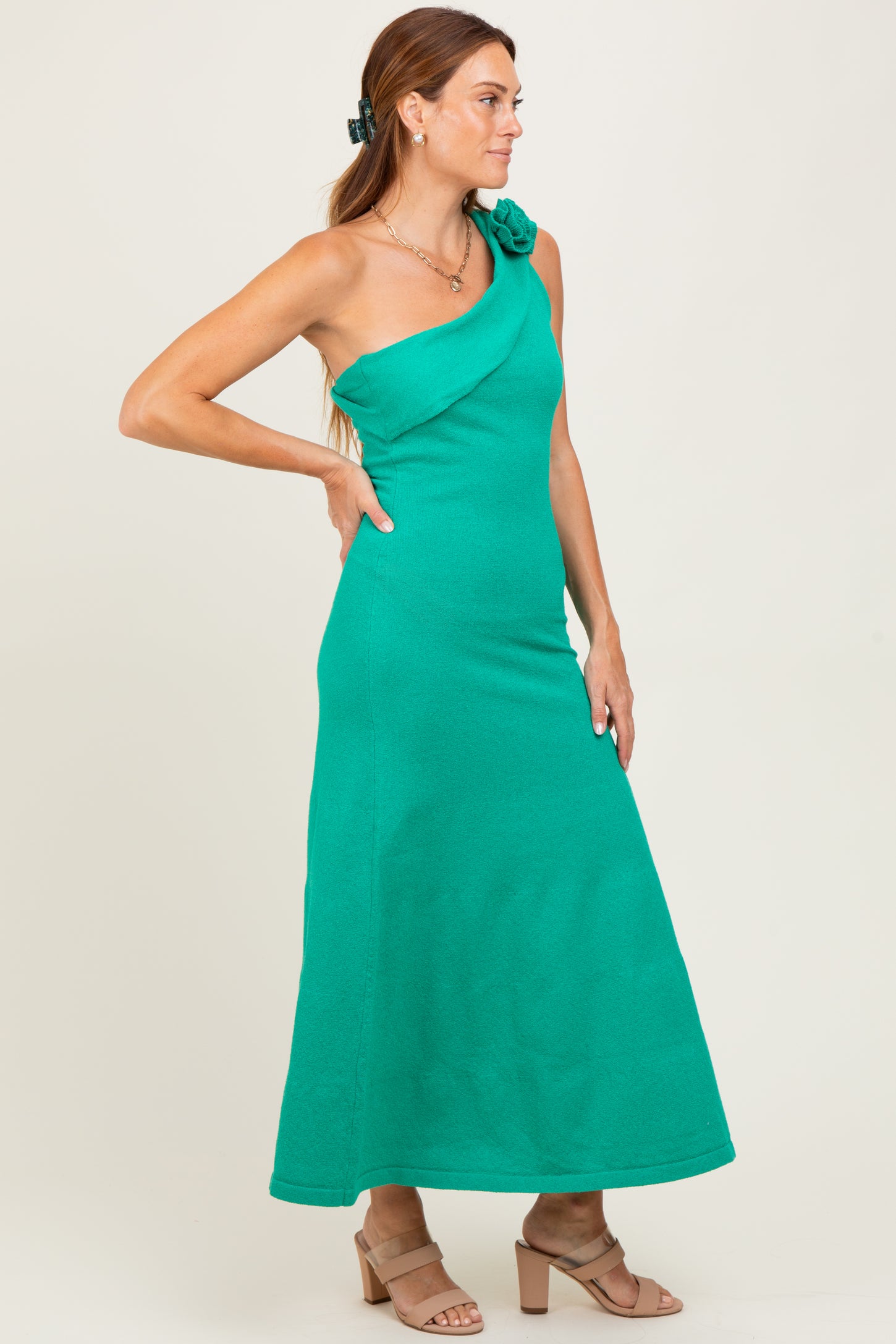 Green One Shoulder Knit Sleeveless Maxi Dress