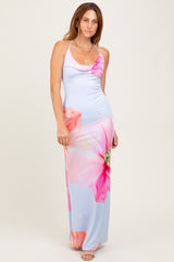 Light Blue Floral Draped Halter Maxi Dress
