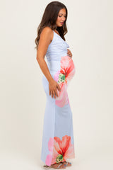 Light Blue Floral Draped Halter Maternity Maxi Dress