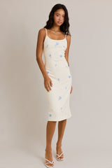 Ivory Knit Floral Embroidery Midi Tank Dress