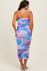Blue Flower Mesh Halter Maternity Midi Dress