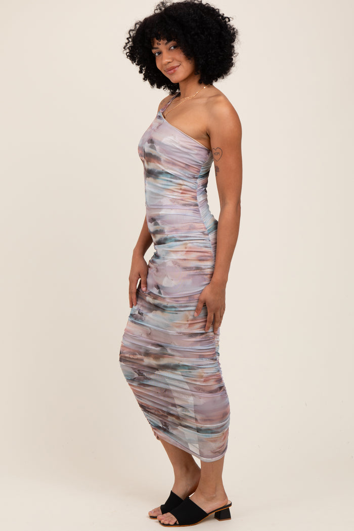 Multicolor Printed Mesh One Shoulder Midi Dress