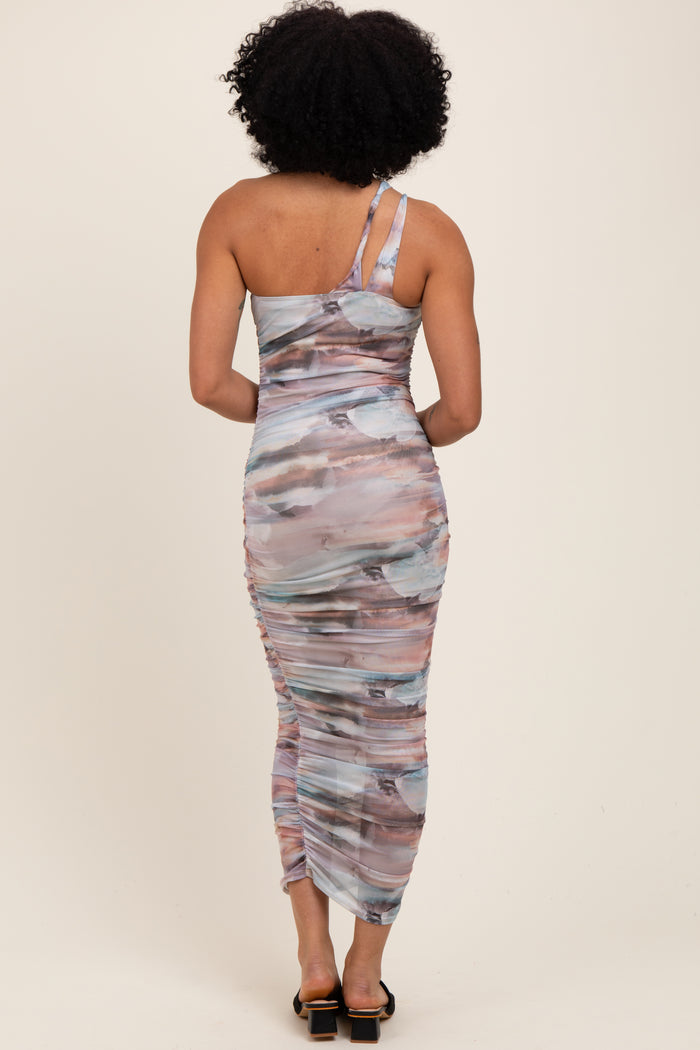 Multicolor Printed Mesh One Shoulder Midi Dress