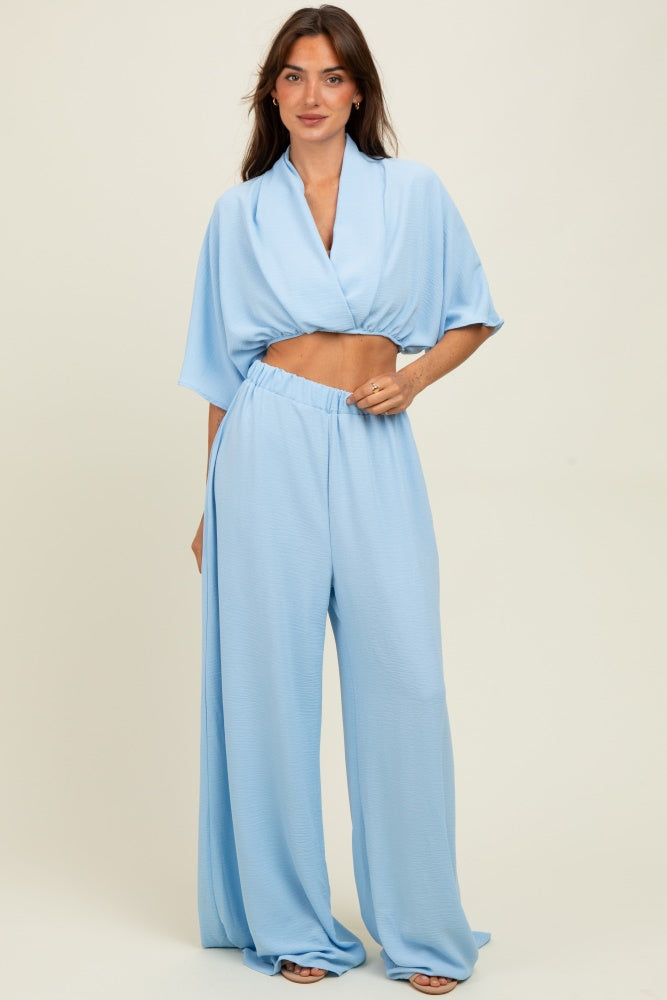 Blue Crop Blouse Wide Leg Pant Maternity Set