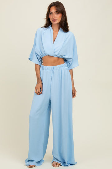 Blue Crop Blouse Wide Leg Pant Set