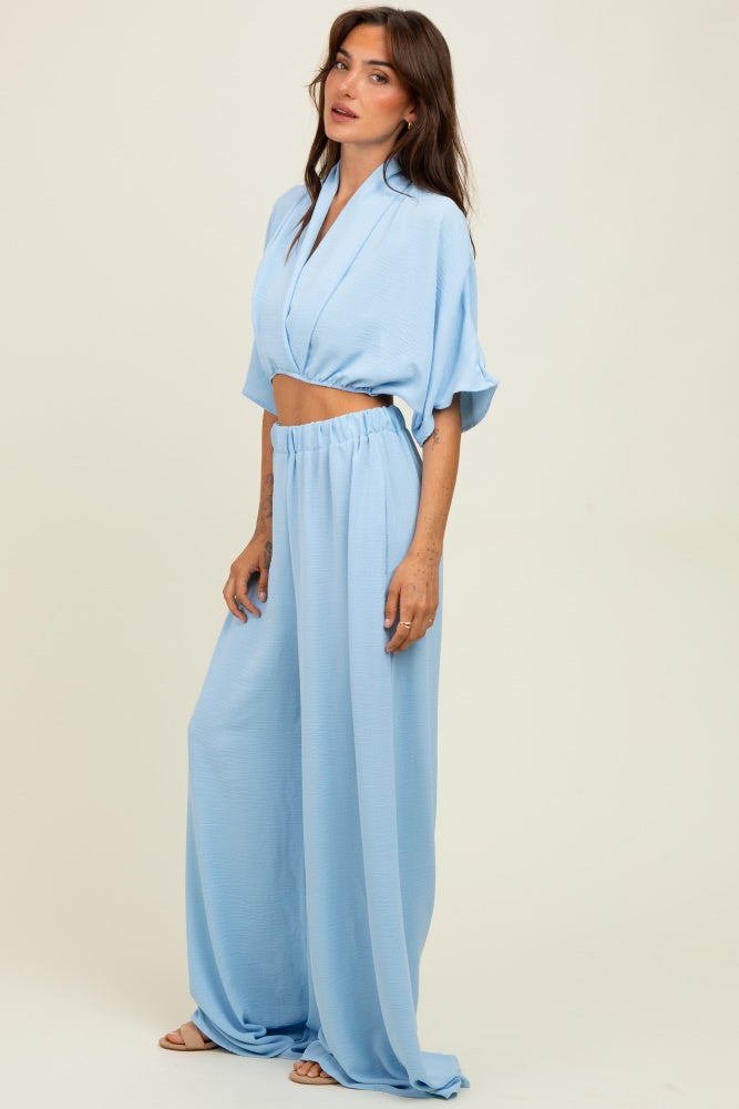 Blue Crop Blouse Wide Leg Pant Set