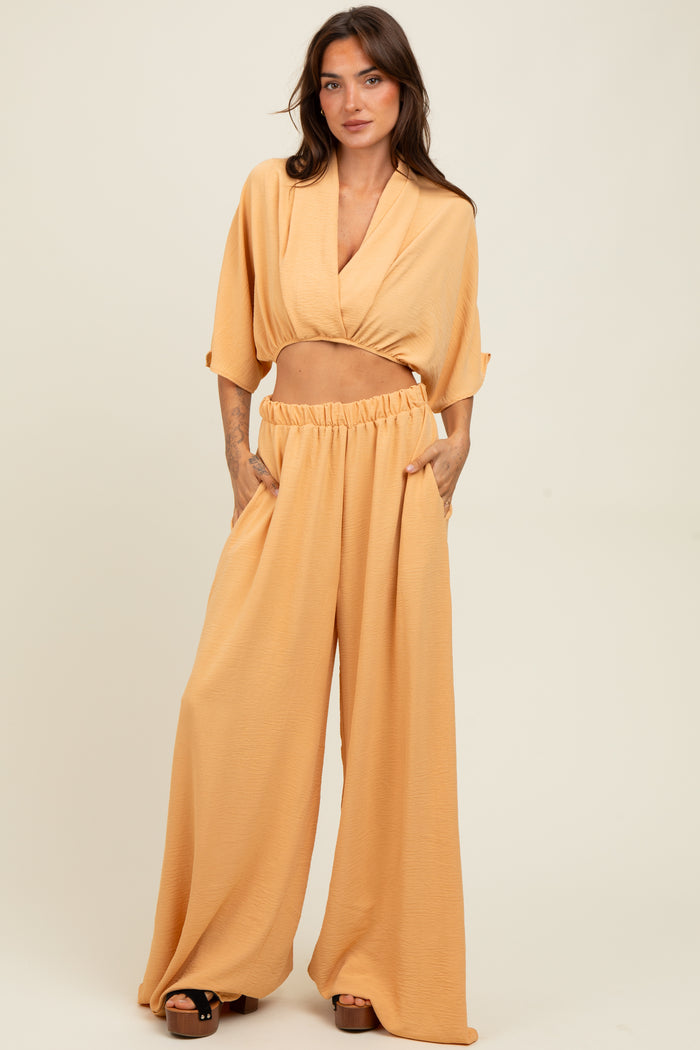 Peach Crop Blouse Wide Leg Pant Set