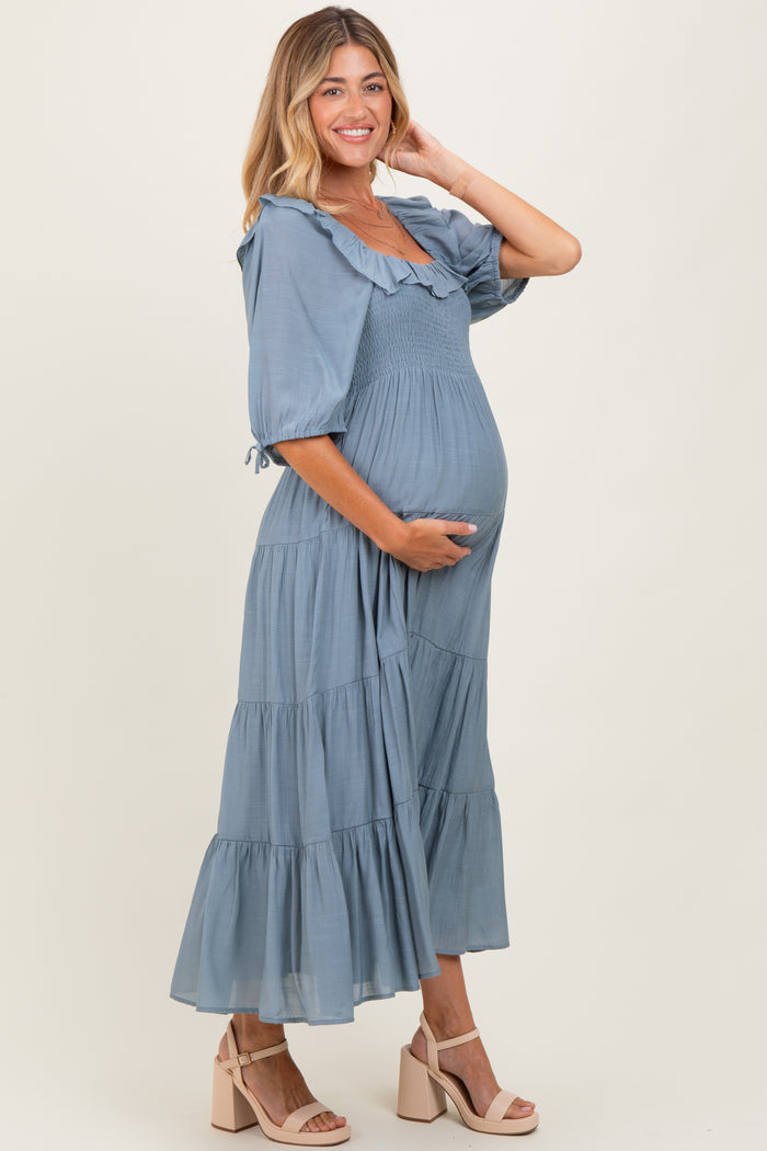 Light Blue Smocked Ruffle Detail Tiered Maternity Midi Dress