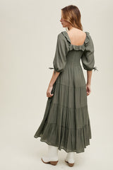 Olive Smocked Ruffle Detail Tiered Midi Dress