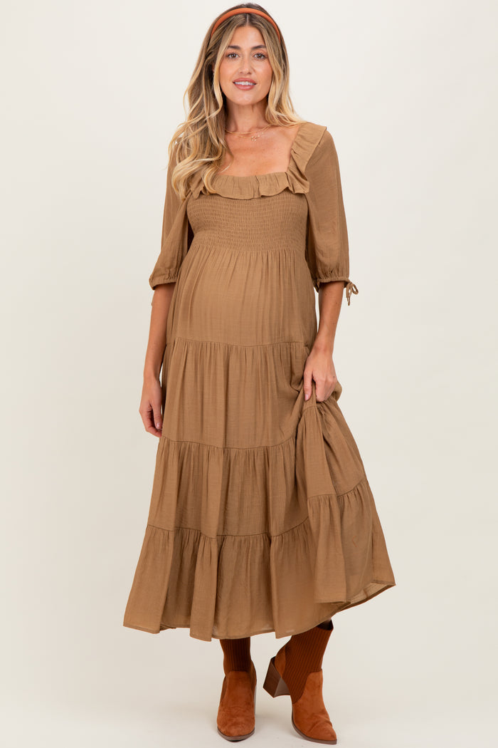 Mocha Smocked Ruffle Detail Tiered Maternity Midi Dress