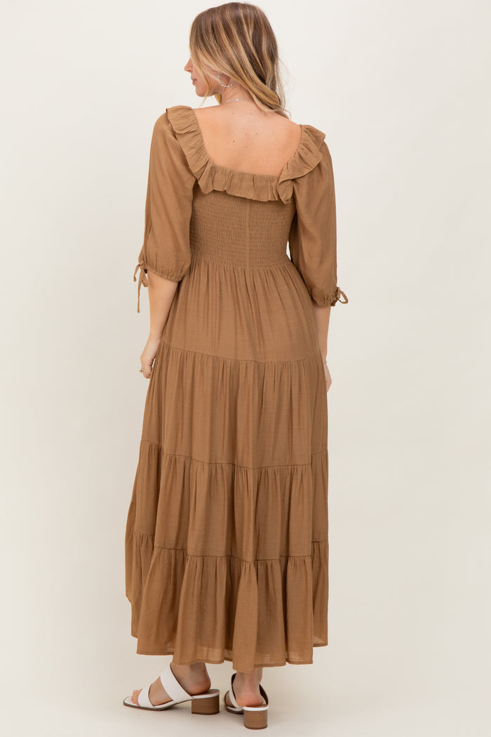 Mocha Smocked Ruffle Detail Tiered Midi Dress