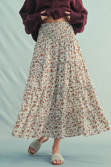 Ivory Floral Smocked Waist Maxi Skirt