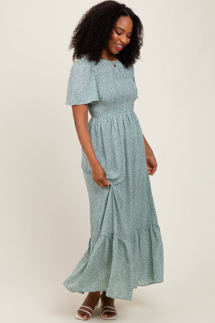 Light Olive Floral Smocked Midi Dress