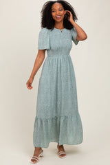 Light Olive Floral Smocked Maternity Midi Dress