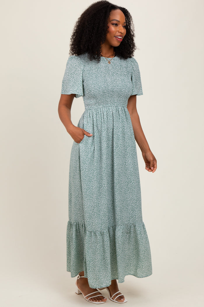 Light Olive Floral Smocked Midi Dress