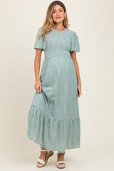 Light Olive Floral Smocked Maternity Midi Dress